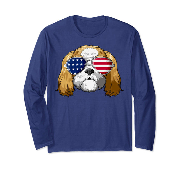 Patriotic Shih Tzu American Flag Glasses 4th July Shih Tzu Long Sleeve T-Shirt