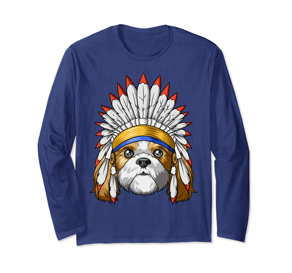 Native Indian American Shih Tzu Feather Headdress Shih Tzu Long Sleeve T-Shirt