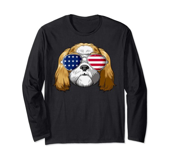 Patriotic Shih Tzu American Flag Glasses 4th July Shih Tzu Long Sleeve T-Shirt