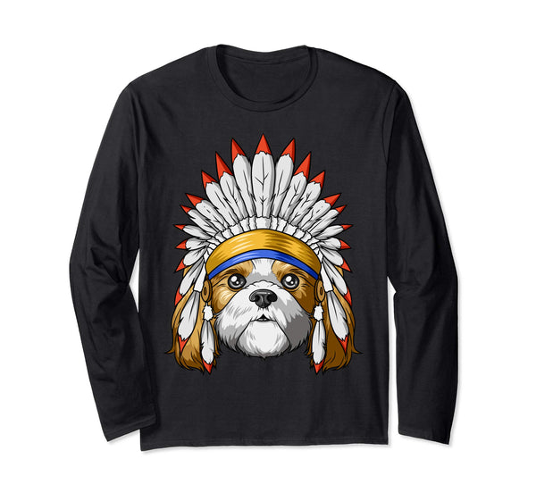 Native Indian American Shih Tzu Feather Headdress Shih Tzu Long Sleeve T-Shirt