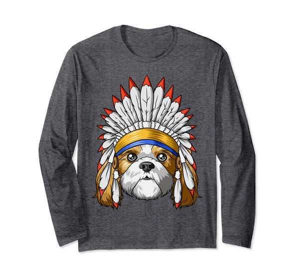 Native Indian American Shih Tzu Feather Headdress Shih Tzu Long Sleeve T-Shirt