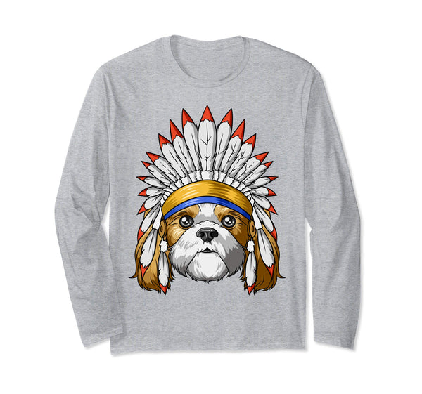 Native Indian American Shih Tzu Feather Headdress Shih Tzu Long Sleeve T-Shirt