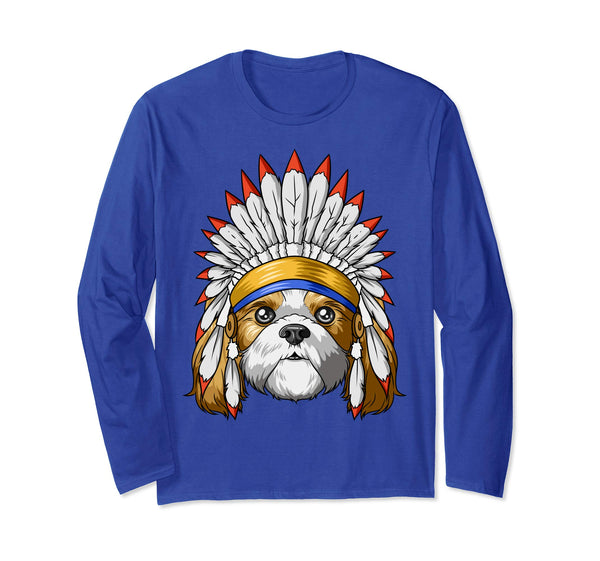 Native Indian American Shih Tzu Feather Headdress Shih Tzu Long Sleeve T-Shirt